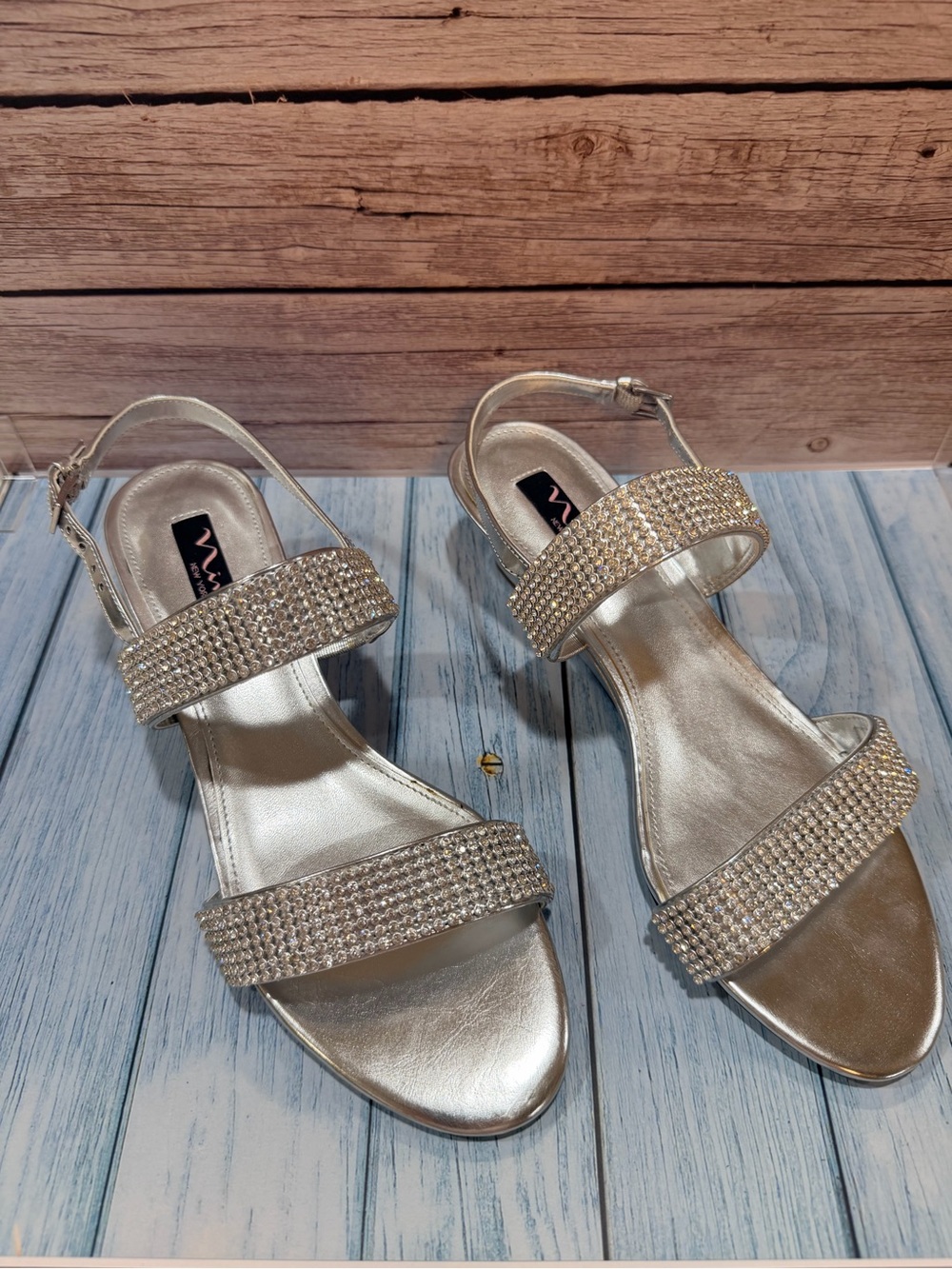 Nina Metallic Gold Rhinestone Two-Strap Slingback Heels